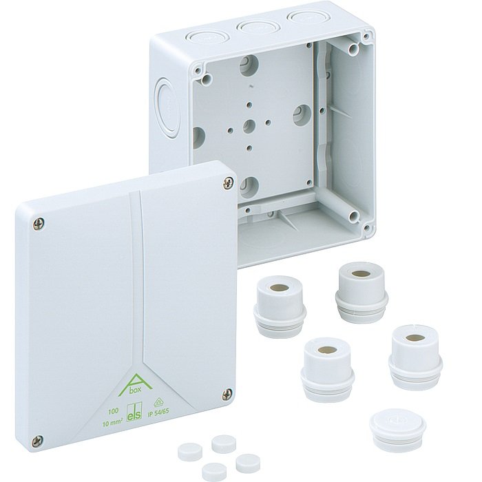 Фото Розподільча коробка Abox 100-L (140х140х79).Введеня-12 місць (2-М20, 3-М25/М32, 5-М25/М32, 2-М20/М25 на днищі), IP65
